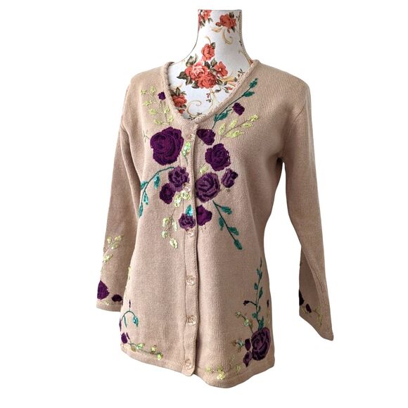 VTG Storybook Knits Sz S Cardigan Purple Flowers Sequins V Neck Grannycore EUC